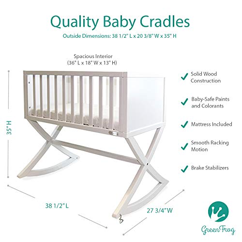 Green Frog, Allegro Cradle | Handcrafted Contemporary Wood Baby Cradle | Premium Pine Construction | Rocking and Stationary | Stark White Color - Thumbnail 4