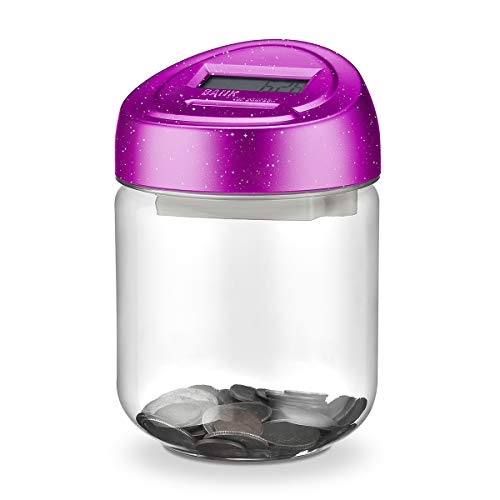 Younion Digital Coin Bank, Automatic Coin Counter Totals All U.S. Coins, Clear Money Saving Jar with LCD Display, Purple