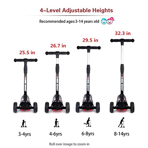 New Olym Kids Scooter for Boys and Girls 3 Flashing Wheels,Foldable with 4 Adjustable Height|All-Covered Brake Great for Toddlers Ages 3-14 Years Black