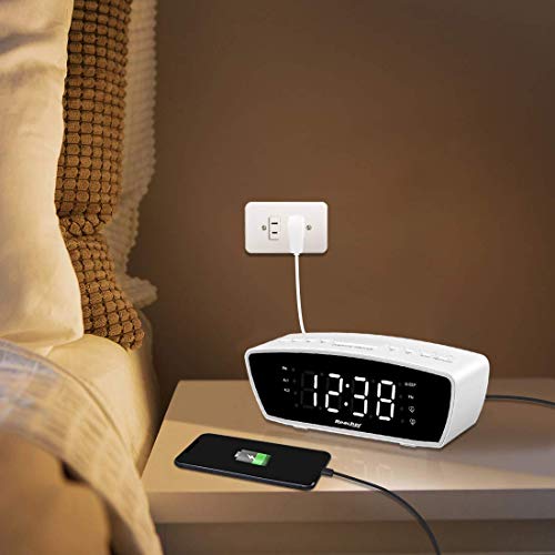 Reacher Modern Dual Alarm Clock Radio with Adjustable Alarm Volume for Heavy and Light Sleepers, USB Phone Charger Port, Sleep Timer, Dimmer, Snooze for Bedrooms Bedside (White) - Thumbnail 6