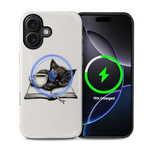 FKBRCL4U for iPhone 16 Plus Case, Hybrid 2-Layer Silicone Protective Glossy Case for MagSafe for iPhone 16 Plus Cat Read Book Drink Coffee Pattern