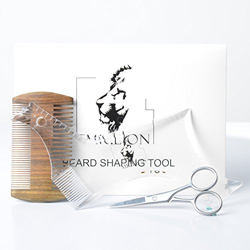 Mr.lion - Beard Shaving Tool Kit for Menï¼ŒIncluding Beard Guide Shaping Template Transparentï¼Œ Wooden Beard Comb (Sandalwood) with Fine & Coarse Teethï¼ŒStainless Steel Beard & Mustache Scissors
