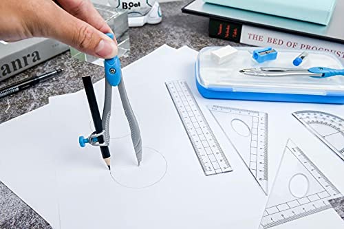 Lifreer Math Compass for Geometry Set,10 Pcs Student Geometry Box Includes Storage Box, Rulers, Protractor, Compass, Eraser, Sharpener, Lead Refills, Pencil for Drafting and Drawings（Blue）