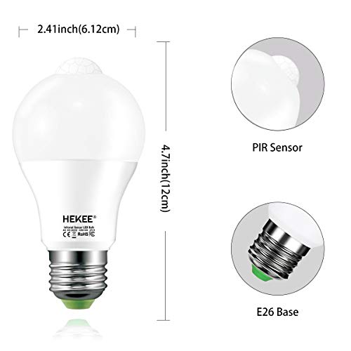 HEKEE Motion Sensor LED Light Bulb 9W A19 PIR Builtin IR 60W Equivalent Bright 810 Lumens E26