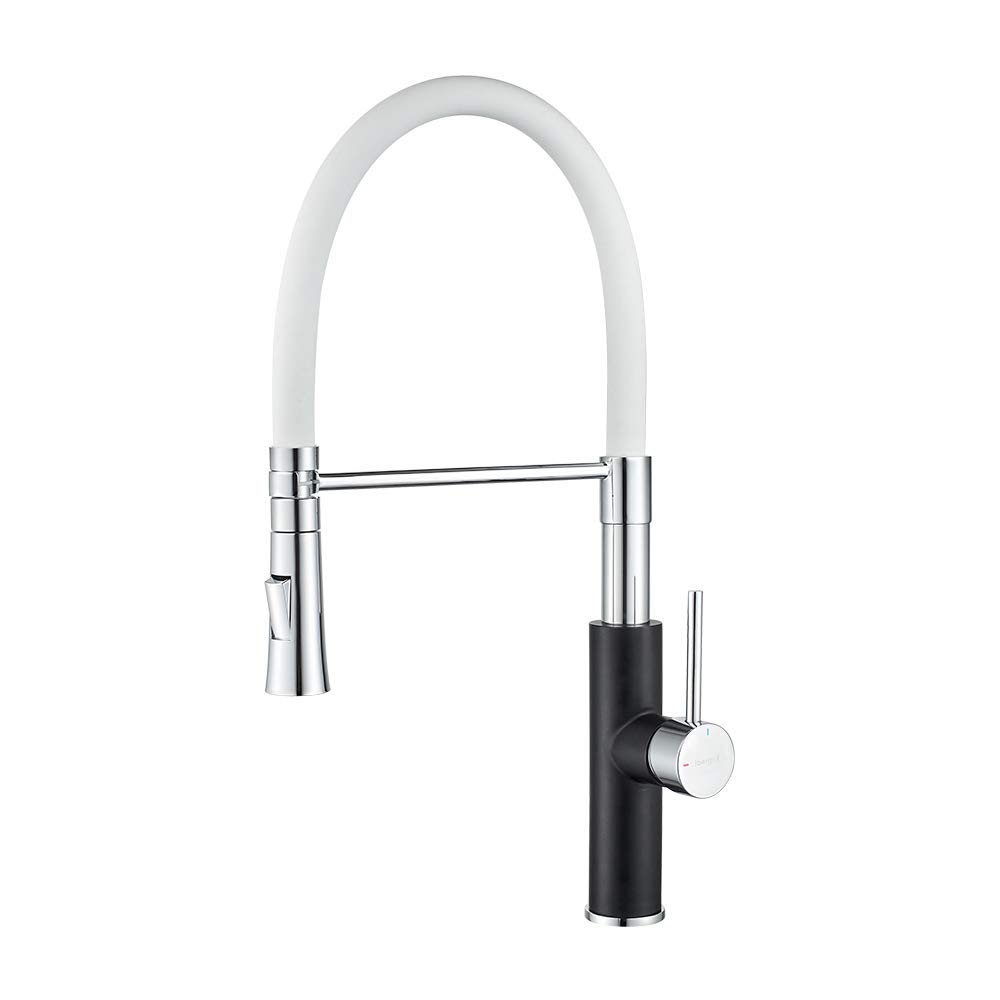 Ibergrif M22115-1 Chrome Kitchen Tap, Kitchen Taps Mixer with Pull Down Spray and Single Handle Sink Faucet, for RV 、Caravans, White