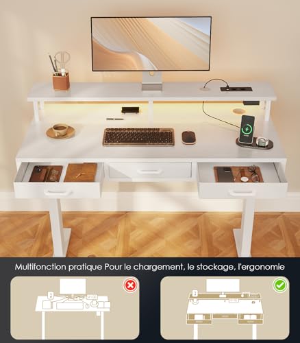 OffiGo Standing Desk with 3 Drawers, 120 cm Electric Desk with Monitor Stand, Standing Desk with Charger and LED Light, Table for Work, White