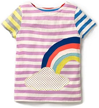Hongshilian Kids' Cotton Striped Casual Tee Tops Shortsleeve Cartoon Appliques T-Shirt for Boys Or Girls(Rainbow & Purple,7T)