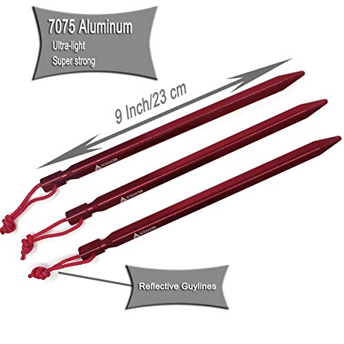 SOLEADER Tent Stakes Heavy Duty, Tent Pegs, 9 Inch, Aluminum, Utralight, Extra Long, for Camping Beach Hammock Tarp Shelter Cannopy (9, 12 Pack)