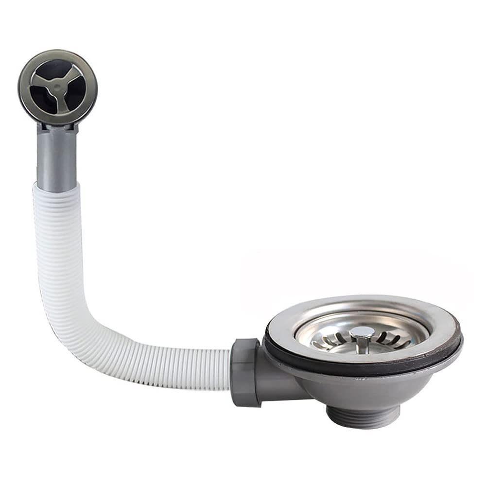 SEIWEI Kitchen Sink Waste Kit with Overflow, Stainless Steel Sink Drain Strainer Waste Plug with Square Overflow (Round)