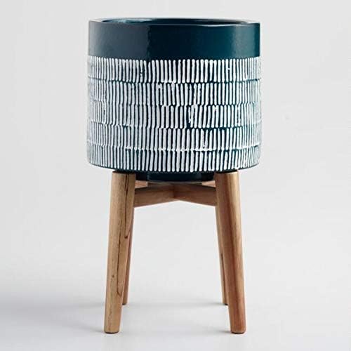 Dark Turquoise Ceramic Planter with Wood Stand