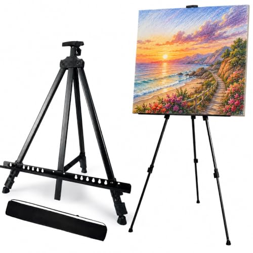 Cavalete De Pintura Em Tela Portátil e Ajustável 1,60m – Leve, Dobrável, Resistente, Ideal para Artistas, Estúdios, Escolas e Pintura ao Ar Livre Suporte Cavalete De Artista Preto Linha Super Premium