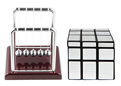 The Paragon Executive Set, Newton's Cradle & Cube Puzzle, Fun Size Mini Pendulum Ball Desk Toy Along with a Mirror Cube, Rotating Puzzle, Silver Brainteaser - Thumbnail 7
