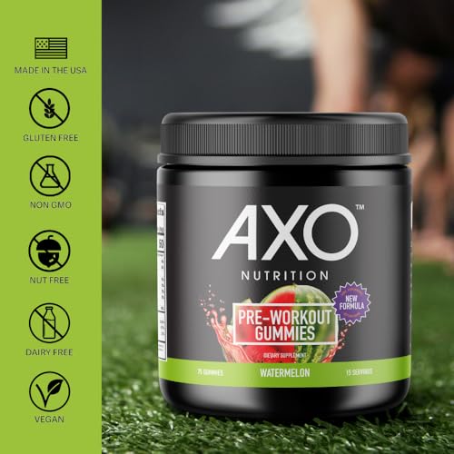 AXO NUTRITION, PRE-WORKOUT ENERGY GUMMIES, WATERMELON FLAVOR, 75 GUMMIES, 1 COUNT CAFFEINE, ALPHA GPC, B12, CHROMIUM PICOLINATE, L-THEANINE, VEGAN, NON-GMO, NUT-FREE, GLUTEN-FREE