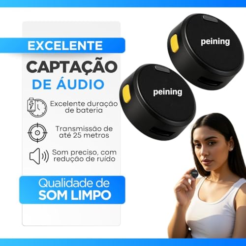 Microfone de Lapela Sem Fio Bluetooth Kit 2 Microfonones Abafamento de Ruído Até 10 Horas Tempo de Trabalho Compatível com Camera, iPhone, Android, PC - Conexão Android e USB-C - Linha Peining Premium