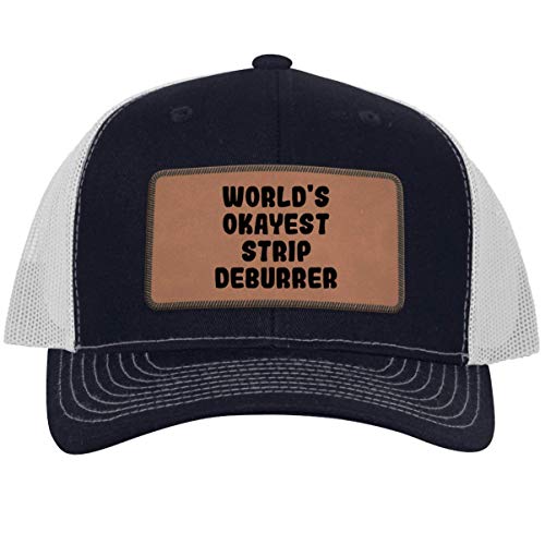 World's Okayest Strip Deburrer - Leather Dark Brown Patch Engraved Trucker Hat, Navy-White, One Size