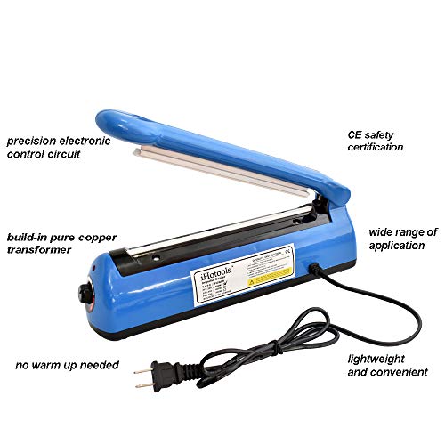 iHotools 12"(300mm) Upgraded Impulse Manual Hand Bag Sealer, Heat Sealing Machine, for Mylar and Cereal Bags Plastics Bags Polythene with Extra Replacement Element Grip Blue