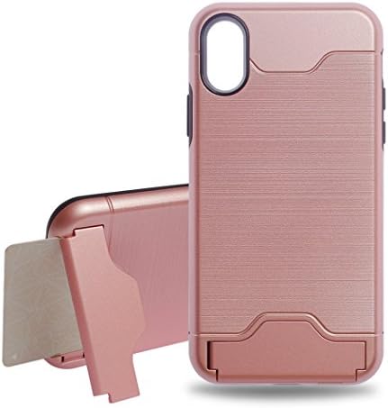 iPhone X Case Card Holder and Kickstand Protection Case for Women, Shockproof Dual Layer Hard Plastics and Carbon Fiber Rubber Silicone 2 in 1 Shock Absorbent Case for iPhone X 10[2017][ROSE GOLD]