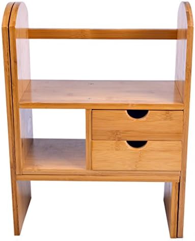 Nature Bamboo Adjustable Desktop Bookcase Storage Organizer Display Shelf Rack,2 Drawers