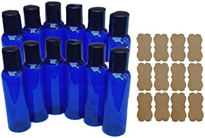 12 2oz Blue PET Plastic Bottles Durable and Reuseable w/Smooth Black Disc Top Caps 2oz 60ml Plus Kraft Labels
