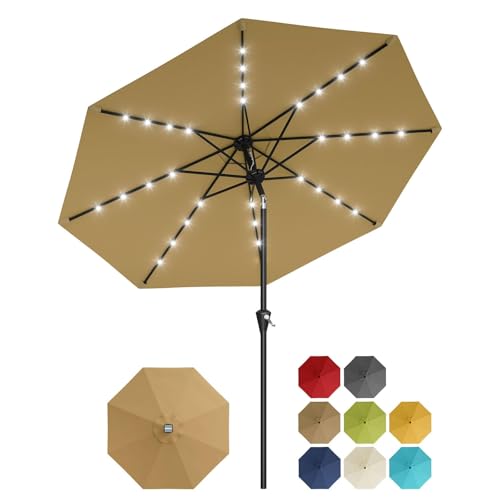 GarveeHome Ombrellone Da Giardino Solare 3 m Con 32 Luci LED, Protezione UV, Sollevamento a Manovella, Inclinazione Regolabile Con Pulsante, Per Terrazzo e Giardino
