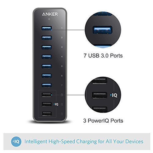 Anker USB Hub, USB 3.0 Hub, 10 Port 60W Data Hub, with 7 USB-3.0 Ports, 3 PowerIQ Charging Ports, Compatible with MacBook, iMac, Dell XPS, Surface Pro, iPhone, iPad Air, Galaxy Series, Mobile HDD