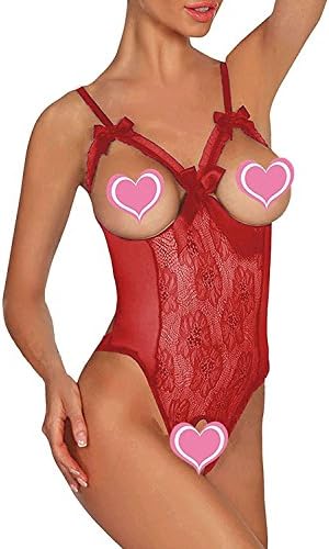 XIMAN Women Open Cup Crotchless One Piece Sexy Lingerie Teddy Lace Nightie (US XXL=Tag XXXL, Wine red)