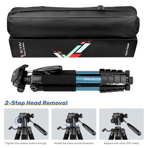 Victiv 188cm Camera Tripod for Canon Sony Nikon, Travel Tripod with Detachable 3-way Swivel Head, Camera Stand with Phone Holder & Remote Control, Upgraded Tripods with 1/4" Extension Interface-Blue