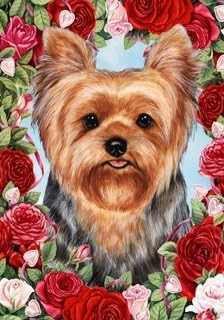 Yorkshire Terrier Puppy Cut by Tamara Burnett Valentine Roses Garden Dog Breed Flag 12'' x 17'' by Best of Breed