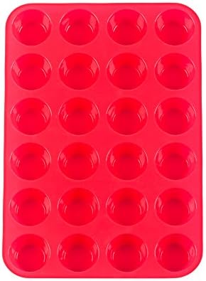 24 Cup Non-Stick Silicone Baking Mold Mini Muffin Pan Premium Cupcakes Pan Shapes with Foldable Design Microwave and Dishwasher Safe Red