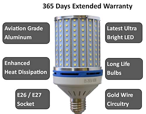 40W LED Corn Light Bulb Daylight 6000k Super Bright 400 Watt equiv. 2 Packs. Large Light Bulbs E26/E27 Cool White Barn, Workshop,Warehouse,Garage,Factory,Porch,Backyard BestCircle