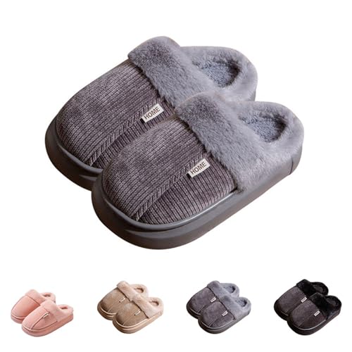 Winter Warm Slippers Womens Mens, Fluffy Memory Foam House Slippers, Wide Fit Fleece Mule Shoes, Non-Slip Soft Fuzzy Fur Lined Sliders, Plush Soft Rubber Sole Shoes Grey