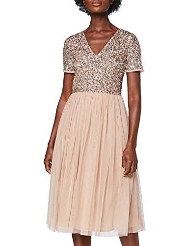 Maya Deluxe Abito da Sera Midi Impreziosito per Le Donne Scollo a V delle Signore con Manica Corta per Il Matrimonio di Promenade Vestito per Damigella d’Onore, Tortora Blush, 56 Donna