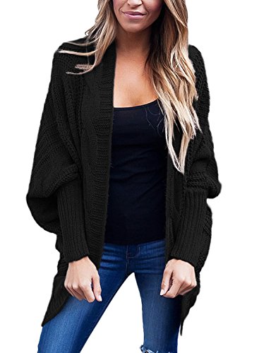 Leindr Women's Loose Open Front Batwing Long Sleeve Draped Cable Knit Chunky Cardigan Tops Casual Baggy Oversized Outwear Coat Black S 4 6