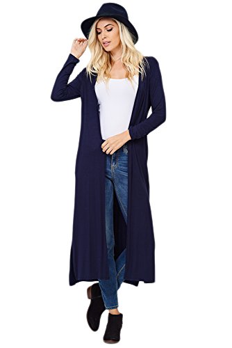 Annabelle Women's Comfy Long Sleeve Open Front Side Slit Plus Size Duster Cardigan with Pockets Navy X-Large T1163B