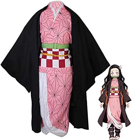 Kamado Nezuko Costume Sets 9 PCs,Anime Demon Slayer:Kimetsu no Yaiba Kimono Cosplay Costume for Halloween Party
