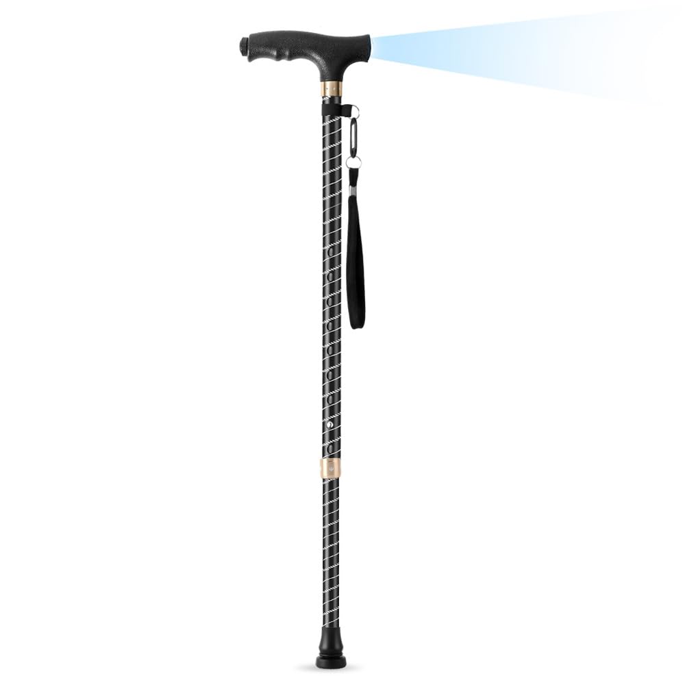 OOCOME Adjustable Walking Stick for Men Women Telescopic LED Walking Sticks Black Stand Adjustable Height 60cm-94cm Non-Slip Base