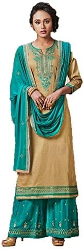RIWAAYAT TRENDS Jam silk cotton unstitched punjabi suit with embroidered top and palazzo/sharara with Nazneen dupatta(embroidered and lace work)- Free size, Beige and Tourquise