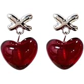 Red Transparent Glass Puffy Heart Dangle Drop Earrings for Women Sweet Y2K Trendy Chunky Love Hearts Dangling Silver Plated Cross Stud Earring Valentine’S Day Holiday Jewelry Accessories Gifts for Her