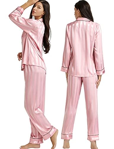 Lonxu Womens Silk Satin Pajamas Set Pink Striped L in Oman Whizz