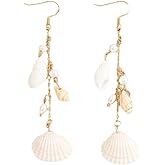 Bohemian Seashell Conch Earrings - Beach Shell Long Dangle for Women - Baroque Pearl Summer Boho Jewelry for Ladies - Ocean Sea Snail Earrings