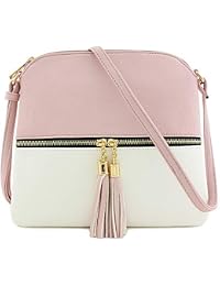 Lightweight Colorblock Medium Crossbody Bag with Tassel (Blush/White)