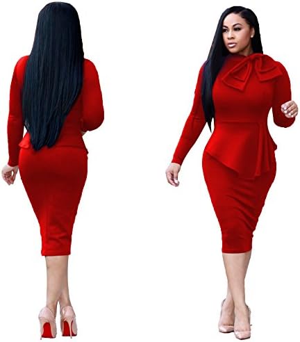VERTTOP Double-Layered Tie Neck Plain Long Sleeve Warm Women's Bodycon Dress Midi Dress For Party, Cocktail,Club Casual Red XL