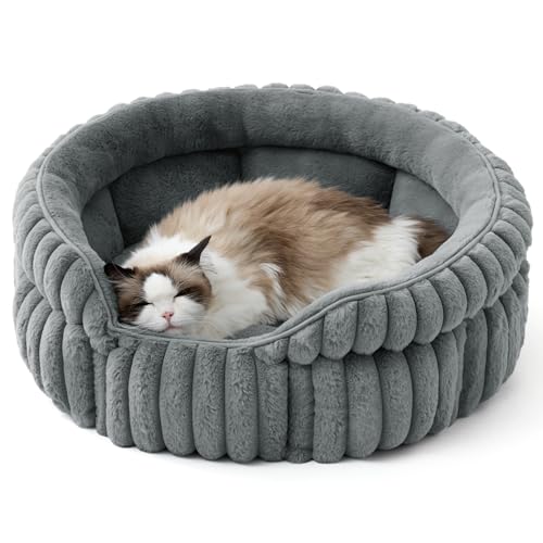 BEDSURE Fluffy Cat Bed for Indoor Cats - 58 x 58 cm Small Round Cat Bed, Washable Large Cat Bed for Kittens and Puppies with Non-Slip Base and Removable Cushion, Grey