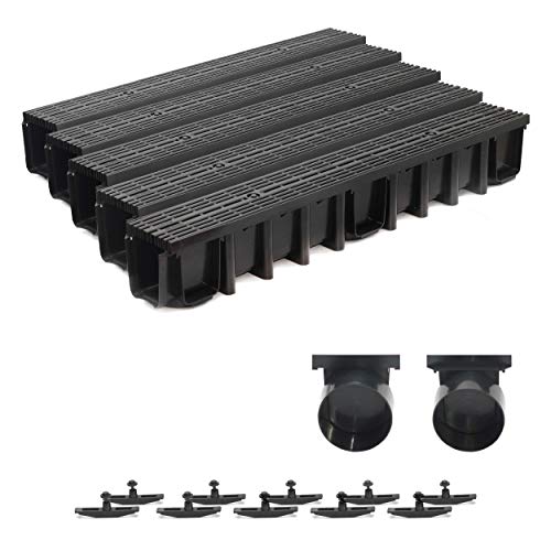 5m Entwässerungsrinne Terrassenrinne, System A15 148mm Stegrost Kunststoff, schwarz-line, komplett SET