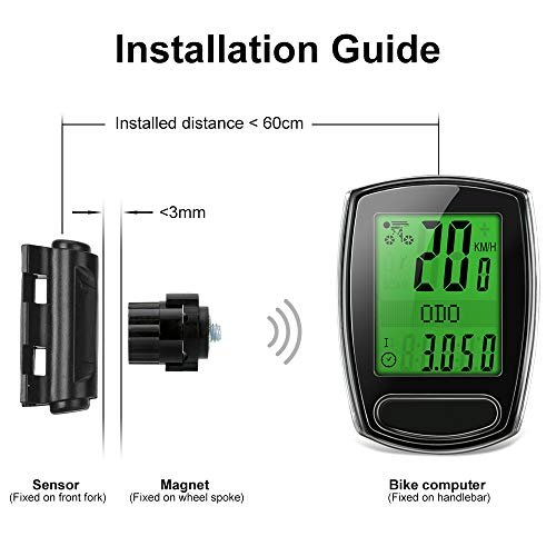 IPSXP Bike Computer, Wired Bicycle Speedometer and Odometer Waterproof Cycle Computer with Backlight LCD Display, Automatic Sleep/Wake, Battery Included