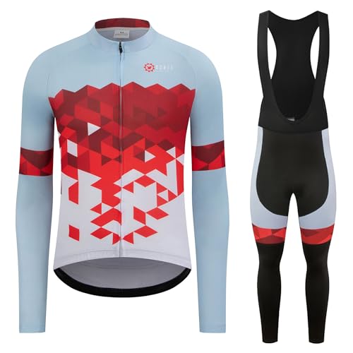 GCRFL Men's Cycling Clothing Set Cycling Jersey Long Sleeve Bicycle Shirt and Bib Pants Breathable Cycling Outfit 3D Padded (Light Blue/Red, S) at Amazon