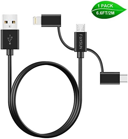 Multi USB Charging Cable, Foxsun 6.6 ft/2m 3 in 1 Mutiple USB Charger Cable with 8Pin Lightning/USB Type C/Micro USB Connector for iPhone, Samsung, LG, Nexus Smartphones and More-MFI Certified-Black