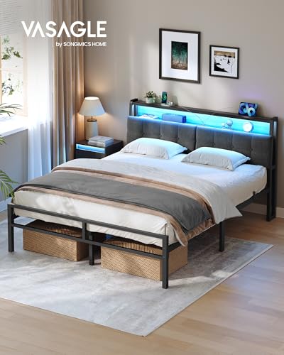 VASAGLE Queen Bed Frame with LED Lights and Charging Station, Metal Platform Bed Frame with Storage Upholstered Headboard, Noise-Free, No Box Spring Needed, Industrial, Ink Black URMB461G201