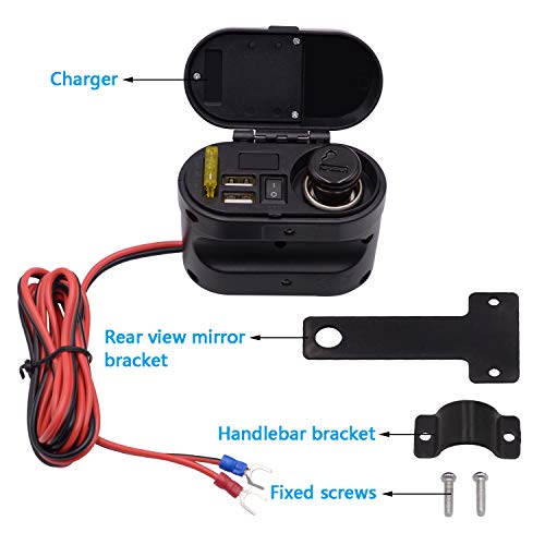 BlueFire 5V/3A Dual USB Charger Socket Waterproof Motorcycle Handlebar & Rear View Mirror Clamp Power Adapter Charger with Cigarette Lighter Socket, Clock and Voltmeter for Phones/Tablets/GPS