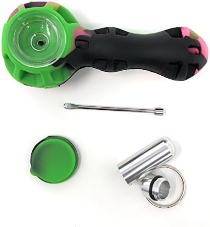ATEKKI Travel Silicone Smoking Accessory with Metal Tool and Keychain Case (Green/Pink)